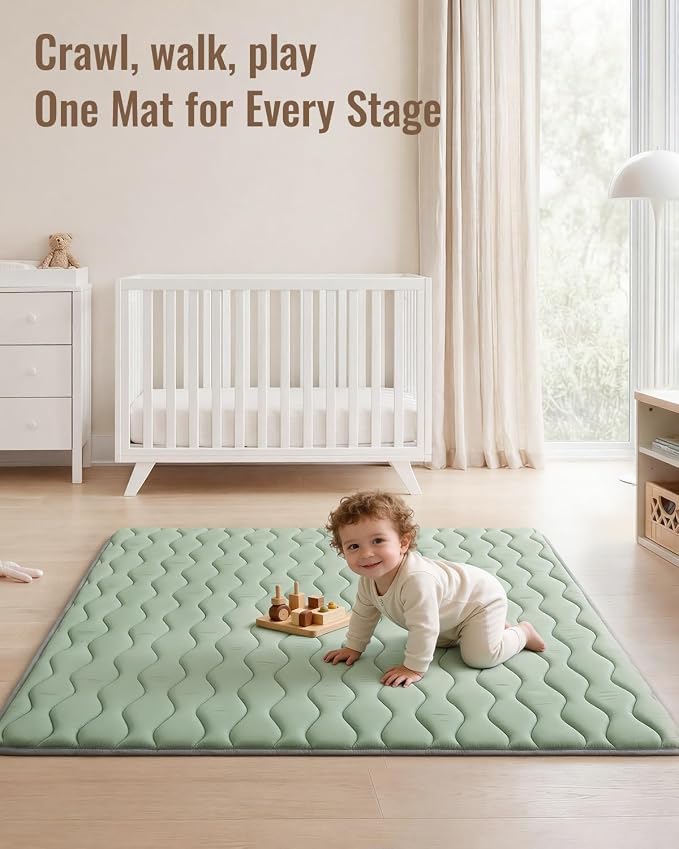 Blissful Diary Baby Play Mat, 47x47 Infant Play Mat for Playpen, Thicken Foam Cushioned Baby Mat for Floor, Non-Slip Kids Play Mat, Washable Baby Playmat for Babies,Toddlers, Sage Green