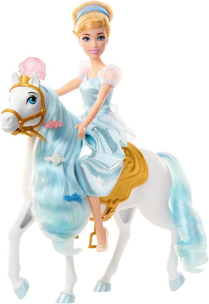 Mattel Disney Princess Toys, Cinderella Fashion Doll & Horse with Saddle, Brushable Mane & Tail & Styling Accessories, Inspired by the Movie