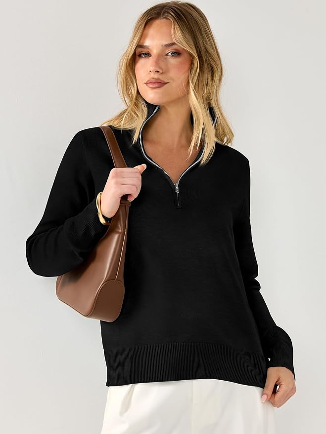 ANRABESS Women Quarter Zip Long Sleeve Fall Pullover Sweater | Soft Knit Fabric Medium Stretch, Business Casual Work Office, Travel Vacation, 2026 Trendy Fashion, Winter Cozy Outfits