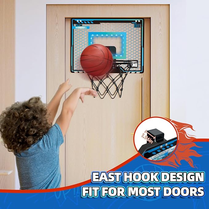 Mini Basketball Hoop Indoor for Kids, Basketball Hoop Over The Door with LED Lighting, Electronic Scoreboard & 3 Balls, Basketball Toys Gifts for 6 7 8 9 10 11 12 Year Old Teen Boys Christmas