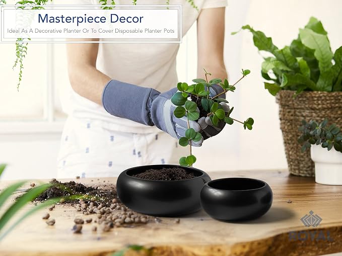 Royal Imports Flower Ceramic Vase Bowl Terrarium Planter Set of 2 - Black | Bowl Terrarium Succulent Planter, Air Plant Display, Decorative Centerpiece Floral Container for Home or Wedding
