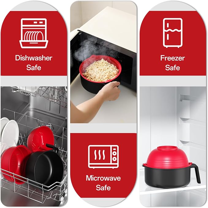 MEACOLIA Jumbo 50 oz Microwave Ramen Cooker Bowl | with Lid & Drain Strainer, Spill-Free, Rapid Noodle Pasta Cooker, College Dorm Essentials for Girls Guys, Apartment Friendly