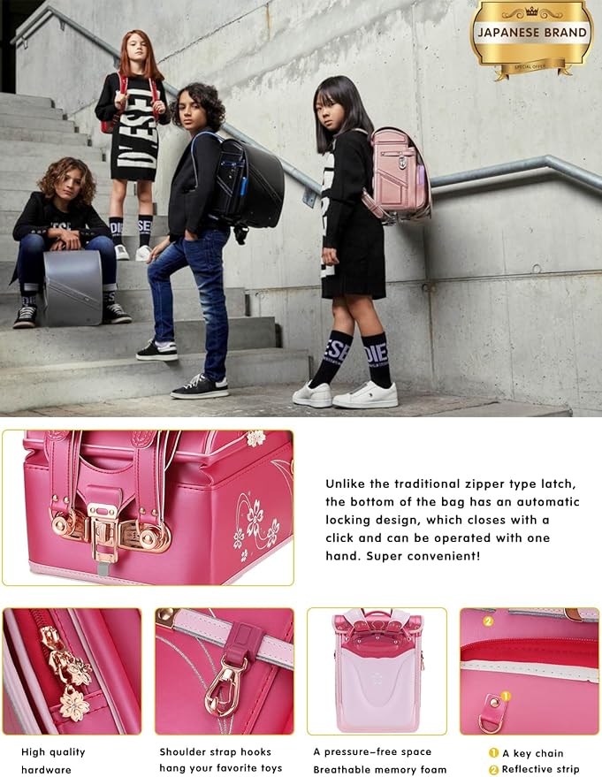 IwaiLoft Ransel Randoseru Backpack Automatic Satchel Japanese School Bag Cherry Blossom Sakura Embroidery PU Bookbag for Girls (Rose)