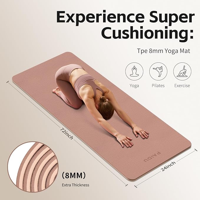 PAIDU Yoga Mat 8mm Super Thick TPE Fitness Mat | SGS Certified | Non-Slip, Odorless & Tear-Resistant | Unisex with Strap | for Yoga, Pilates, Meditation & Home Workouts