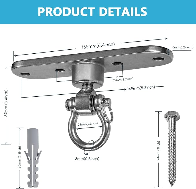 2 of Heavy Duty Stainless Swing Hanger with Smooth Swing Bearings 180°+360°, 1500 lb Capacity for Indoor Outdoor Playground Yoga Hammock Chair Sandbag Porch Swing Bag
