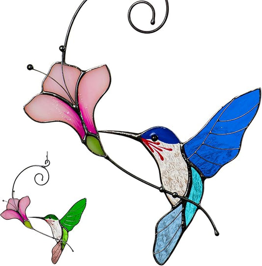 Multicolor Hummingbird Handmade Stained Glass Suncatcher Genuine Stained Glass Window Hangings Unique Indoor Ornament & Outdoor Decor (Blue Hummingbird)
