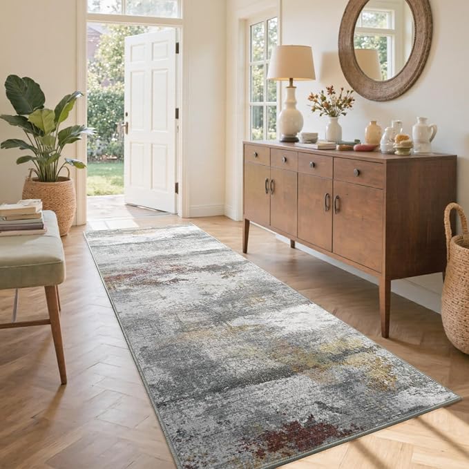 2x6 Ft Washable Runner Rug, Non-Slip Low Pile Hallway Kitchen Area Rug, Soft Abstract Long Entryway Floor Mat Print Pattern Carpet for Bedside & High-Traffic Areas (Grey/Gold-Brown/Red-Brown)