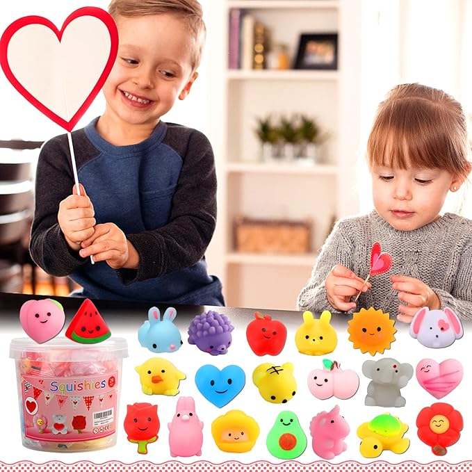 KINGYAO Valentines Day Gifts for Kids-24 Pack Squishy Valentines Toys for Toddlers Teens Valentines Squishies Mochi Fidget Toys Classroom School Prize Party Favors for Boys Girls Ages 4-8 8-12