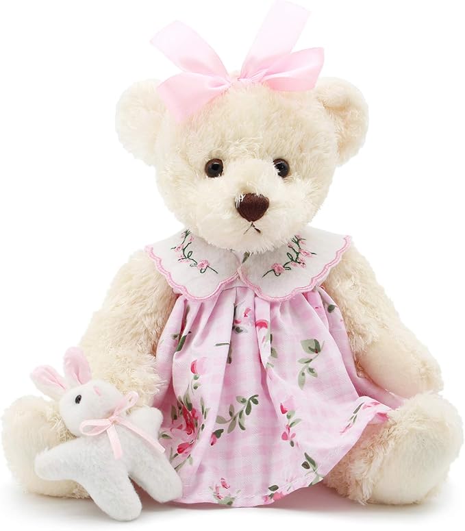 Oitscute Small Baby Teddy Bear with Cloth Cute Stuffed Animal Soft Plush Toy 10" (Pink Dress with Rabbit)