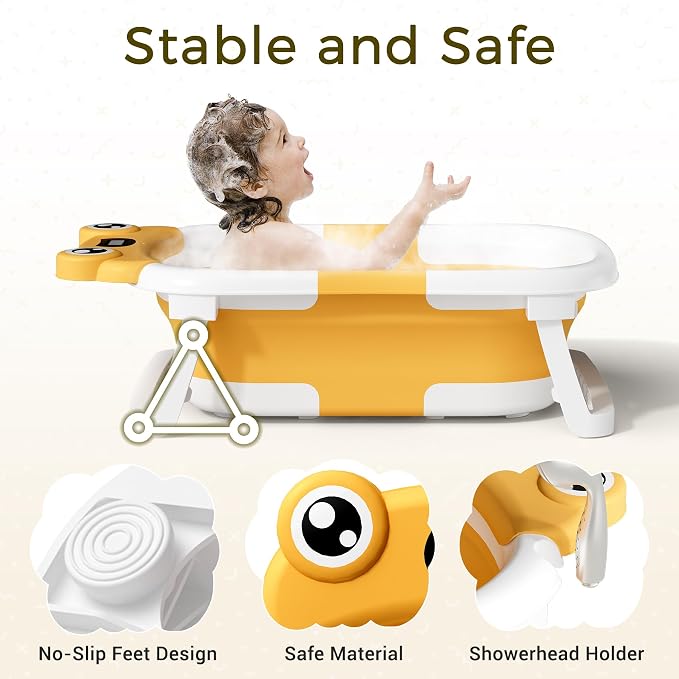 BUNWAG Baby Bathtub, Collapsible Newborn Bathtub for Infant to Toddler with Soft Cushion and Thermometer,Portable Travel Newborn Tub with No-Slip Feet, Baby Shower Gifts, 0-12 Months Baby Bath, Yellow
