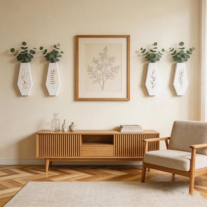Wood Wall Vase 4 Pack, Modern Farmhouse & Boho Wall Decor Wooden Hanging Planter Set, Minimalist Wall Mounted Vase for Living Room, Entryway, Hallway, Bathroom, Dining Room(White)