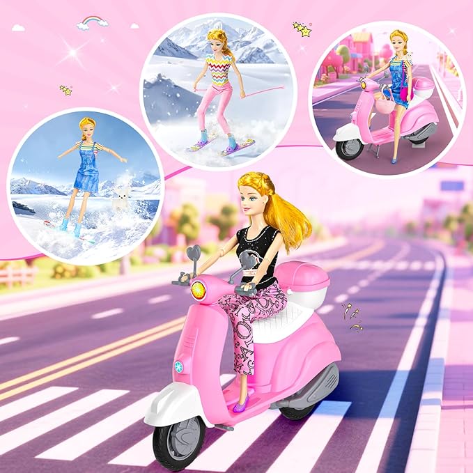 67Pcs Doll Clothes and Accessories with Doll, Motorcycle Scooter Set, Skiing Kit, Pet Set, 10 Shoes, 6 Outfits (Dress/Pants/Casual), Doll Playset Dress Up Toys for Girls Kids Toy Gifts