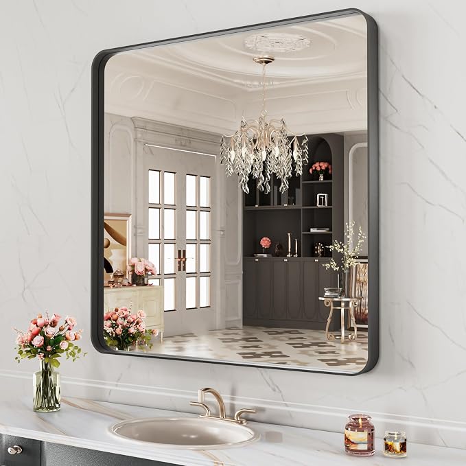 LOAAO 32X32 Inch Black Metal Framed Bathroom Mirror for Wall | Matte Black Bathroom Vanity Mirror, Anti-Rust, Hangs Horizontally or Vertically