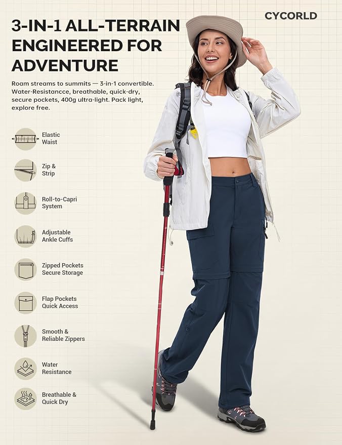 Cycorld Women's-Hiking-Pants-Convertible Quick-Dry-Stretch-Lightweight Zip-Off Outdoor Pants with 5 Deep Pockets