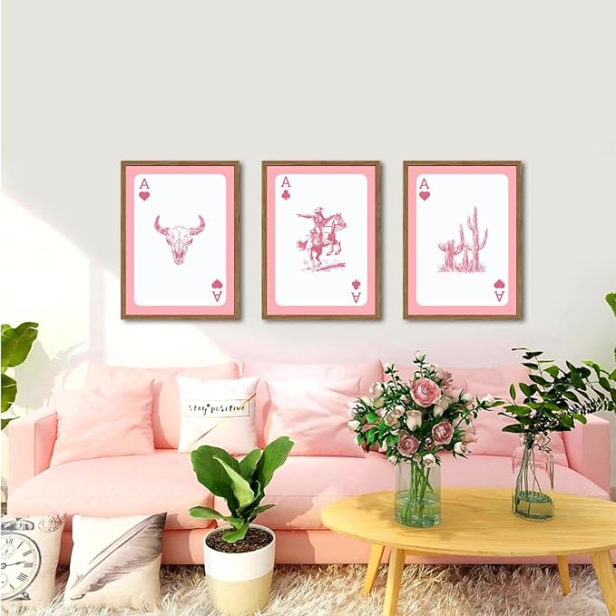Set of 3 Western Cowgirl Wall Art Pink Bull Skull Wall Decor Painting Southwestern Playing Card Poster Canvas Prints Picture for Bedroom Living Room Wood Framed 16x24 inch