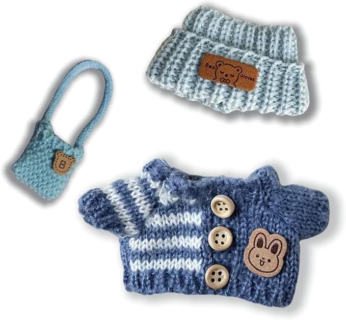 17cm Doll Clothes Set (Doll Not Included) -3-Piece-Handmade -Hat Clothes Backpackcrochet Outfit, Chicstylish Adorable Dolls Clothes Accessories [Blue]