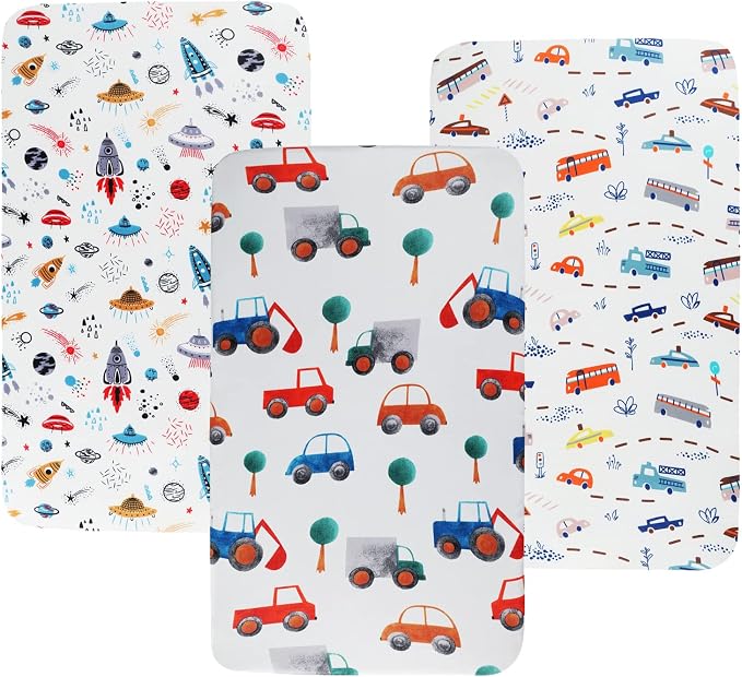 Pack n Play Sheet Stretchy Fitted Portable Mini Crib Sheets Set 3 Pack,Playard Sheets Convertible Playard Mattress Cover,Ultra Soft Jersey Material,Rocket Satellite,Car & Bus
