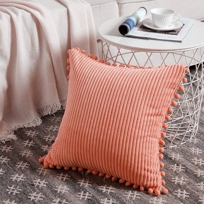Fancy Homi Pack of 2 Coral Decorative Throw Pillow Covers 20x20 Inch with Pom-poms for Living Room Couch Bedroom, Soft Corduroy Peach Solid Square Cushion Case 50x50 cm, Rustic Farmhouse Home Decor
