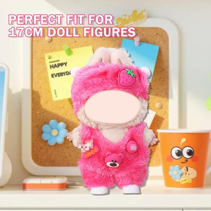 17cm Clothes Set(NO Doll),Hat & Overalls Set for 17cm Accessories Suit,Stylish Adorable Dolls Clothes Accessories,Cute Clothes for Dress up Unique Style (Pink Strawberry Bear)