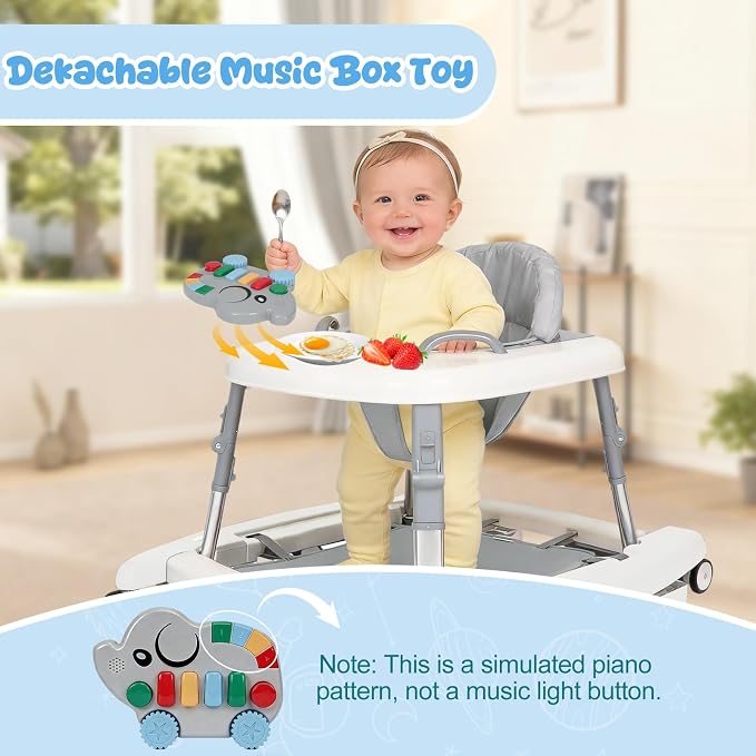 5-in-1 Baby Walker for Boys and Girls Music and Lights 6-18 Month, Foldable Baby Walkers with 5 Adjustable Heights, Infant Toddler Walker with Wheels and Bouncer Combo Portable (White)