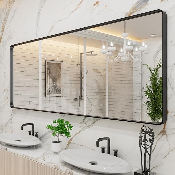 LOAAO 84x32 Inch Black Bathroom Mirror Metal Framed | Matte Black Bathroom Vanity Mirror, Rounded Rectangle, Anti-Rust, Tempered Glass, Hangs Horizontally or Vertically