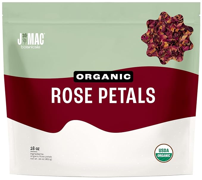 J MAC BOTANICALS Organic Rose Petals, (16 oz) Certified USDA Organic, edible, culinary grade dried petals for herbal tea, cooking and crafts
