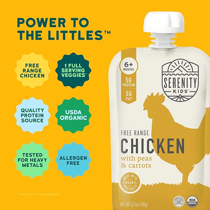 Serenity Kids 6+ Months Chicken Puree Baby Food Pouches - No Added Sugar Organic Baby Puree - Free-Range Chicken & Pea & Carrot - 3.5 Oz, Pack of 6