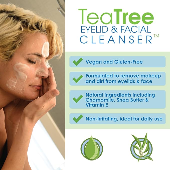 Gentle Tea Tree Oil Foaming Facial Cleanser – 6oz – Non-Irritating Eyelid Cleanser & Face Wash with Tea Tree, Chamomile & Shea Butter