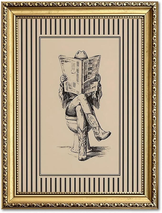 Gold Framed Funny Cowgirl Bathroom Wall Art Western Cowgirl Reading Newspaper on Toilet Wall Decor, Farmhous Vintage Cowboy Bathroom Poster Canvas Painting Print Picture 16x24 inch