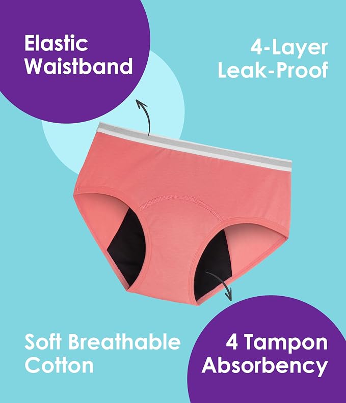 YESWEL Teen Girls Period Underwear, Menstrual Leak-Proof Heavy Flow Absorbency Washable Protective Cotton Panties 4 Pack