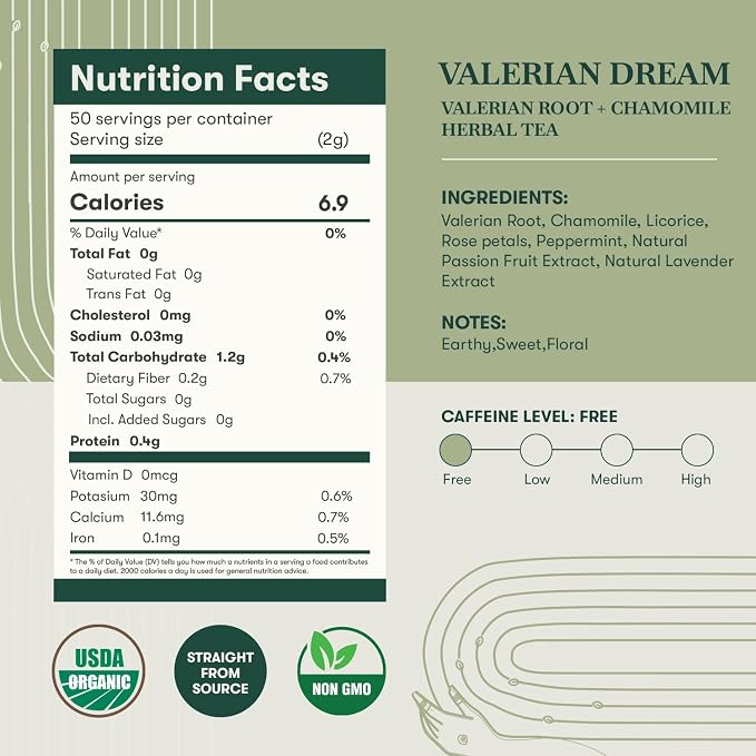 Luxmi Estates - Valerian Dream - Organic Valerian Root Tea for Sleep (50 Tea Bags, Valerian Root)