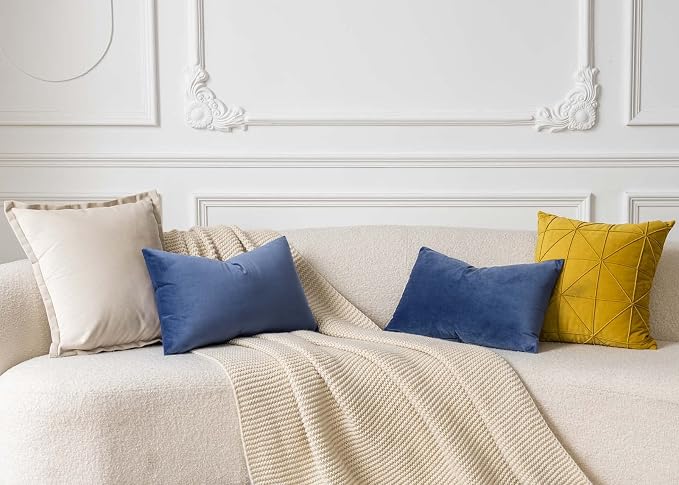 Blue 12x20 Throw Lumbar Pillow Covers Decorative Cushion Covers Set of 2 | Soft Velvet Pillow Cases with Invisible Zipper for Modern Couch Sofa Bed Living Room Bedroom Home Decor