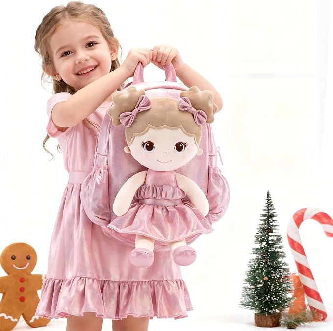 Lazada Toddler Backpack - Baby Girl Gifts Curly Fingerprints Plush Doll Dress Backpack - Fashion Girls Curly Rolled Fingerprints Series - Apricot Pink 11 Inches