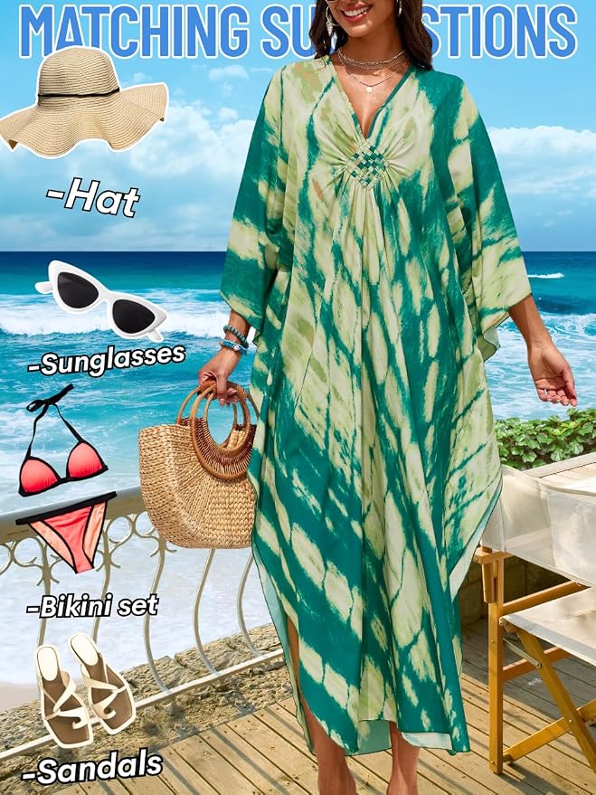 ChiaoLezhee Print Moo-Moos for Women, Kaftan Cover-Up Dresses, Sexy V-Neck High-Slit, Beach Pool-Party Coverups Muumuu Plus