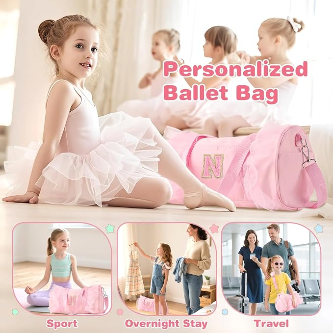 Personalized Initial Dance Bag for Girls 6-9, Medium Lace Gym Sport Yoga Cheer Dance Bags Gift for Teen Girls, Cute Letter Kids Ballet Bag Toddler Travel Duffel Tote with Adjustable Straps(Pink-N)