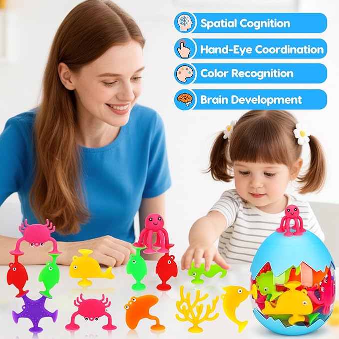 Toddler Suction Cup Bath Toys, Ocean Animal Bath Toys for Kids Ages 1-3 3-5 4-8 Mold Free Bathtub Window Building Travel Toys Valentines Gifts Easter Basket Stuffers for 2 3 4 5 Year Old Boys Girls