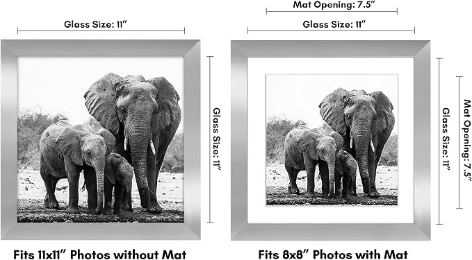 Americanflat 11x11 Picture Frame with Shatter-Resistant Glass - Use as 8x8 Frame with Mat or Display 11x11 Photo Without Mat - Signature Collection - Square Frames for Wall Display - Silver | Shatter-resistant glass, sawtooth hangers included, use with...