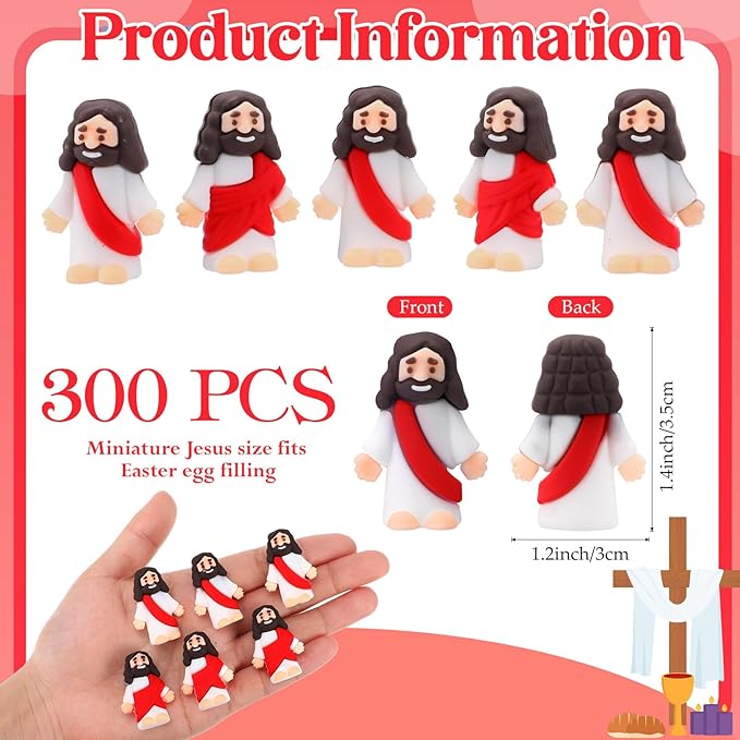 Bememo 300 Pcs Little Jesus Figures Bulk Original Design Mini Pocket Jesus Toys Rubber Figurine to Hide and Seek Religious Party Favors Sunday School Craft Baptism Gifts(Red)