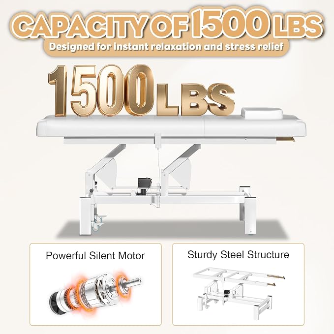 Electric Lift Massage Table for Estheticians, Professional Facial Bed with Adjustable Backrest, Waxing Table, Heavy-Duty 1500lbs Capacity (White)