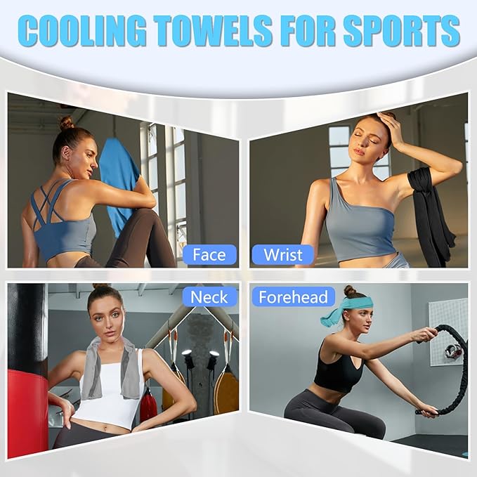 PAWPRO 4 Packs Cooling Towels for Neck and Face, Soft Breathable Gym Towels with Waterproof Bag & Carabiner, Multi-Colored Sweat Towels for Gym, Running, Yoga (Light Blue/Royal Blue/Black/Grey)