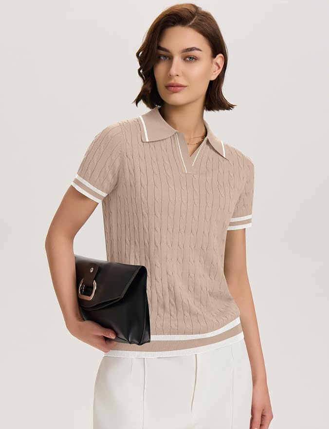 Micoson Womens Short Sleeve Sweater Tops Lapel V Neck Polo Shirts 2026 | Summer Cable Knit Loose Blouses, Business Casual Outfits