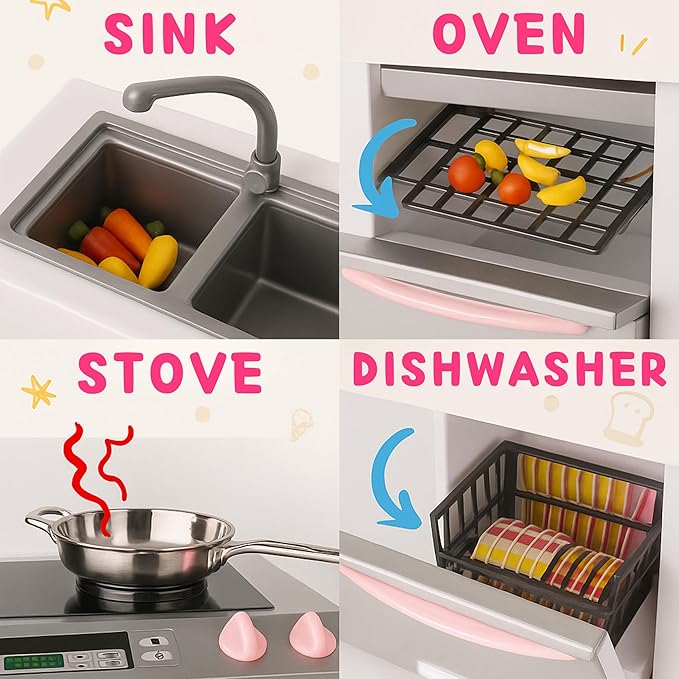 Doll Kitchen Playset for Kids, My Modern Mini Kitchen House Furniture Pretend Play Toy Accessories Set with Realistic Lights & Sounds for Toddlers, Girls (4-in-1)