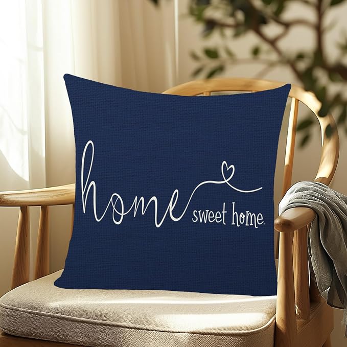 Home Sweet Home Quotes Farmhouse Pillow Covers 18x18 Inch,Farmhouse Decorative Lumbar Throw Pillow Case Cushion Cover,Housewarming Gift,Blue