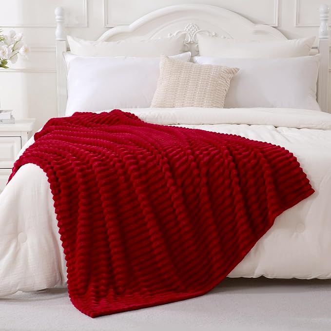 Red Fleece Throw Blanket 108”×90” for Couch Sofa Livingroom | Super Soft Cozy Plush Microfiber Flannel Bed Blanket Striped Design Lightweight Home Decor Gifts for Adults Mom Women