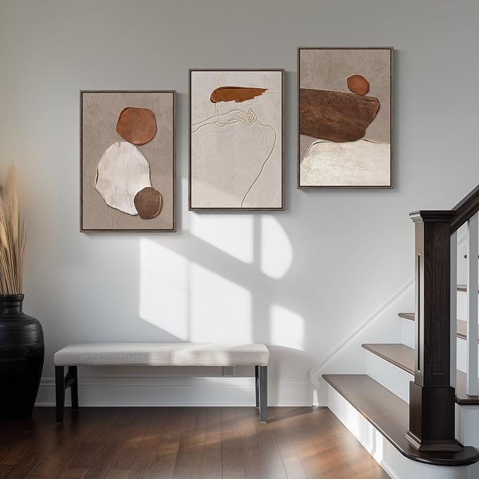Framed Neutral Abstract Wall Art, 3 Piece Earth Tones Rustic Canvas Prints Paintings Artwork for Walls, Minimalist Abstract Stone Pictures for Living Room Dining Room Bedroom Wall Decor 16x24 Inch