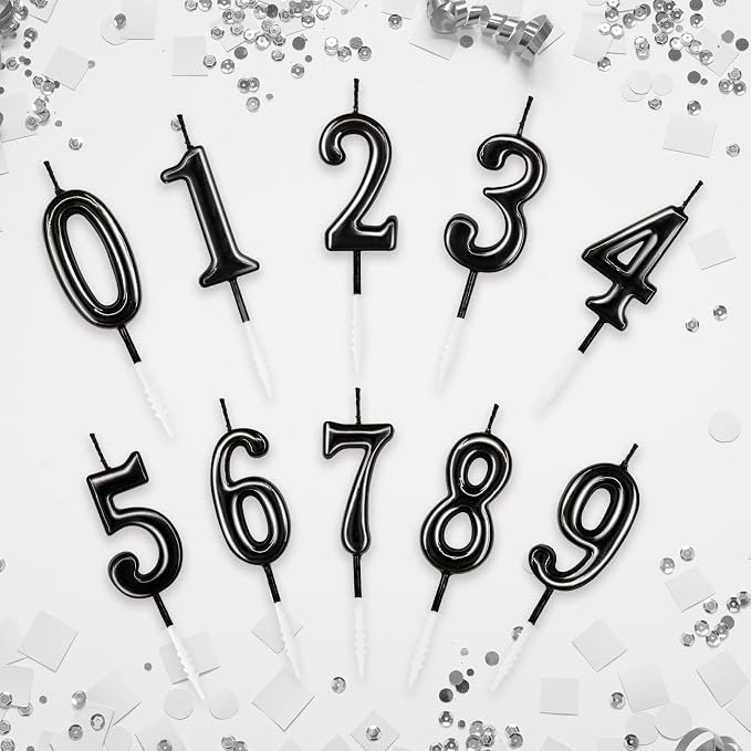 Beanlieve Black Numeral Birthday Candles - Cake Numeric Candles Number 0 1 2 3 4 5 6 7 8 9,Used for Cake Decoration on Birthday Parties and Wedding Anniversary Celebrations(10 Pieces)