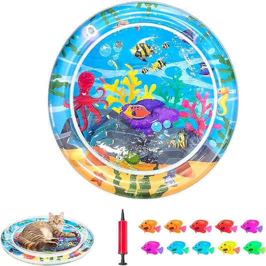 Inflatable Cat Dog Baby Water Mat Toy, [Newly Upgraded, 2 Layers Thickened] Premium Anti-Scratch Leak Proof Mat, with Floating Fish for Indoor Kitten Cats & Kids to Swatting Exercise Hunting (Octopus)