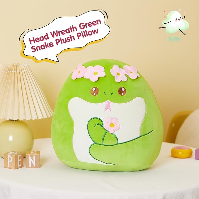 SpecialYou Flower Crown Green Snake Plush Pillow - Soft Snake Stuffed Animal Pillow Plushie Toy Birthday Gift for Kids, Boys & Girls 14inch