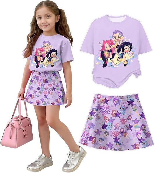 HTHLVMD K Pop Short Sleeve T-Shirt and Skirts Outfits Set for Girls Hunters Rumi Mira Zoey Graphic Tees De-Mon Costume