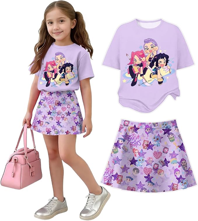 HTHLVMD K Pop Short Sleeve T-Shirt and Skirts Outfits Set for Girls Hunters Rumi Mira Zoey Graphic Tees De-Mon Costume